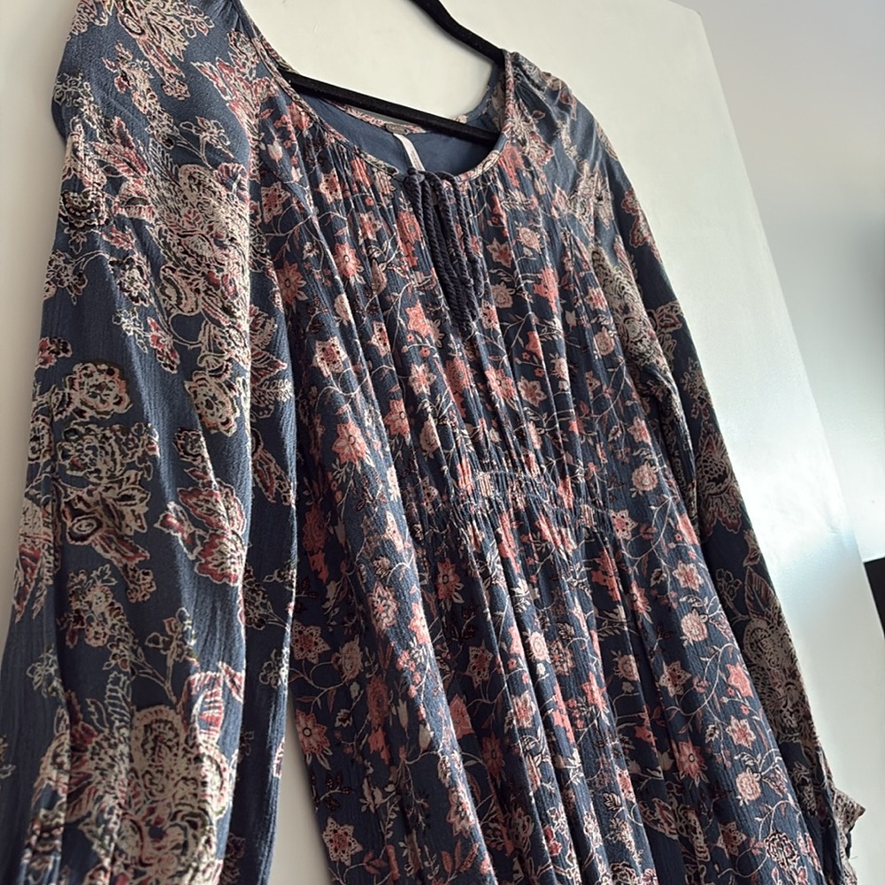 Free People Floral Boho Tunic Dress - Navy/Rose Gold Print